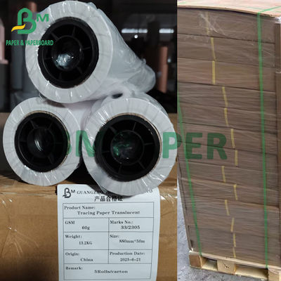 Papel de rastreamento de 60gm Papel de traçado translúcido Rolos de 880mm X 50m 100m 150m Embalagem de cartão